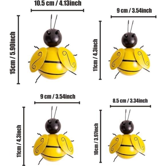 Metal Wall Art, 4PCS Metal Bumble Bee Wall Decor, 3D Hanging Decorations - Picture 5 of 6